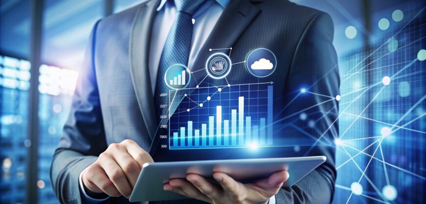 businessman using tablet with digital graphics.